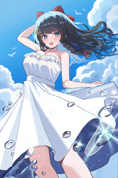 Rule 34 | 1girl, absurdres, arm up, black hair, blue eyes, blue sky, bow, braid, breasts, cloud, commentary request, dated commentary, day, dot nose, dress, feet out of frame, floating hair, frilled dress, frills, glint, hair bow, hair ornament, heart, heart hair ornament, highres, kkaennip, korean commentary, large breasts, long hair, looking at viewer, open mouth, outdoors, red bow, shirayuki hina, sky, smile, solo, standing, stellive, strapless, strapless dress, summer, sundress, virtual youtuber, water drop, white dress