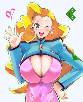 1girl blonde_hair blue_eyes breasts cleavage cleavage_cutout clothing_cutout dress earrings hand_on_own_hip highres huge_breasts jewelry long_hair one_eye_closed pink_dress shippu-fx shrug_(clothing) swan_white waving yuusha_ou_gaogaigar yuusha_series