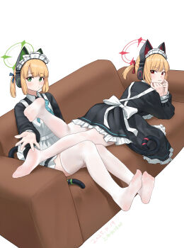 2girls :3 absurdres animal_ear_headphones animal_ears apron artist_name black_dress blonde_hair blue_archive blunt_bangs blunt_ends blush bow cat_ear_headphones cat_ears cat_tail closed_mouth commentary_request couch dated dress dutch_angle eyes_visible_through_hair fake_animal_ears fake_tail feet frilled_dress frills full_body green_bow green_eyes green_halo hair_bow halo hands_up headphones highres kneepits knees_together_feet_apart long_sleeves looking_at_viewer looking_back lying maid maid_headdress medium_hair midori_(blue_archive) midori_(maid)_(blue_archive) momoi_(blue_archive) momoi_(maid)_(blue_archive) multiple_girls no_shoes official_alternate_costume official_alternate_hairstyle on_couch on_lap on_stomach outstretched_hand pantyhose ponytail red_bow red_eyes red_halo shangdi_de_fa_zhang short_dress siblings sidelocks simple_background sisters sitting smile soles tail the_pose thighhighs thighs toes twins white_apron white_background white_pantyhose white_thighhighs