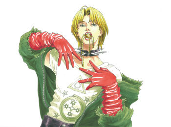 1boy bbkryrnos blonde_hair collar cross cross_necklace gloves green_eyes green_jacket hands_up hexagram highres jacket jacket_partially_removed jewelry lips lipstick makeup male_focus mouth_hold necklace open_clothes open_jacket open_mouth original pants parted_bangs print_shirt red_gloves red_lips shirt short_hair short_sleeves snake solo spiked_collar spikes star_(symbol) star_of_david upper_body