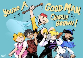 2girls 3boys aged_up bespectacled black_hair blonde_hair blu3per bowl brother_and_sister cape capelet carrying carrying_person charlie_brown dog dress glasses highres linus_van_pelt lucy_van_pelt multiple_boys multiple_girls peanuts_(comic) pet_bowl pink_dress polka_dot polka_dot_dress puffy_short_sleeves puffy_sleeves red_shirt sally_brown schroeder_(peanuts) shirt short_hair short_sleeves shorts siblings smile snoopy striped_clothes striped_shirt vest yellow_shirt