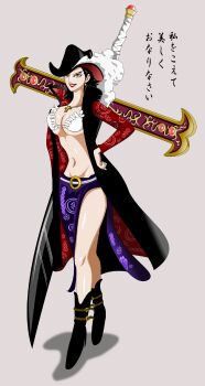 1girl absurdres belt boots breasts cape cleavage_cutout clothing_cutout cross dracule_mihawk evil_smile feathers female_focus genderswap genderswap_(mtf) goth_fashion hat highres jacket large_breasts one_piece pants resized smile solo sword third-party_edit threatening weapon wind yellow_eyes