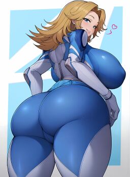 1girl absurdres ass blonde_hair blue_bodysuit blue_eyes bodysuit breasts cucarachaaa curvy earrings fantastic_four from_behind grey_bodysuit heart highres hoop_earrings huge_ass huge_breasts jewelry long_hair looking_at_viewer looking_back marvel marvel_rivals multicolored_bodysuit solo sue_storm tight_clothes two-tone_bodysuit