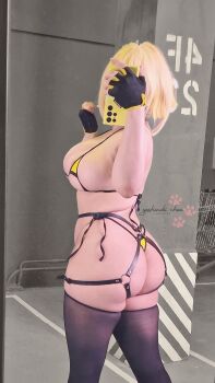 absurdres ass ass_focus bikini blonde_hair breasts cellphone cosplay cosplay_photo elegg_(nikke) from_side g-string gloves goddess_of_victory:_nikke hair_over_eyes highres huge_ass indoors large_breasts micro_bikini phone photo_(medium) selfie short_hair sideboob smartphone standing swimsuit thighhighs thong yellow_bikini yoshinobi_cos