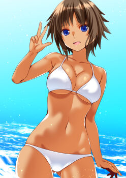 1girl bare_shoulders bikini blue_eyes blush breasts brown_hair commentary_request commission dark-skinned_female dark_skin engo_(aquawatery) large_breasts looking_at_viewer navel open_mouth original outdoors pixiv_commission short_hair smile solo swimsuit v wading white_bikini