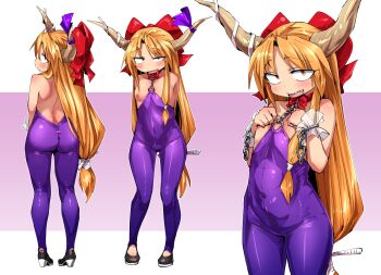 1girl alternate_costume ass black_shoes blush bow breasts breasts_out brown_horns commentary_request full_body grin hair_bow horn_bow horn_ornament horns ibuki_suika long_hair looking_at_viewer low-tied_long_hair multiple_views nipple_slip nipples open_mouth orange_eyes orange_hair overalls purple_bow purple_overalls red_bow sharp_teeth shimizu_pem shoes sidelocks smile standing teeth touhou very_long_hair