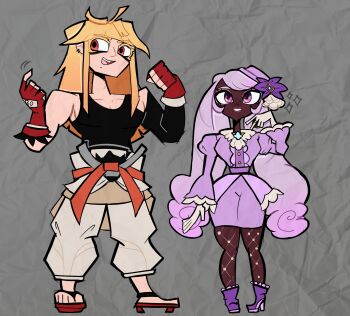 Rule 34 | 1boy, 1girl, 2025, beckoning, black pantyhose, blonde hair, brown eyes, clenched hand, collarbone, commentary, dark-skinned female, dark skin, dougi, drawfag, dress, english commentary, fascinator, fingerless gloves, fishnet pantyhose, fishnets, frills, full body, glove bow, gloves, gold ring, grey background, hair ornament, height difference, highres, holding, ivor (pokemon), jacinthe (pokemon), juliet sleeves, karate gi, long hair, long sleeves, looking at viewer, low drills, mega stone, mole, mole under mouth, muscular, muscular male, nintendo, open mouth, pants, pantyhose, poke ball, poke ball (basic), pokemon, pokemon legends: z-a, puffy sleeves, purple dress, purple eyes, purple hair, sandals, shirt, shoes, simple background, smile, sparkle, swept bangs, toon (style), very dark skin, white gloves, white pants