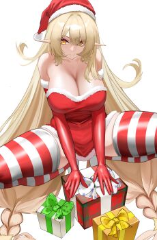 absurdres alice_(genshin_impact) blonde_hair breasts christmas christmas_present dress elf genshin_impact gift gloves hat highres large_breasts long_hair orange_eyes pointy_ears red_dress santa_costume santa_dress santa_hat thick_thighs thighhighs thighs