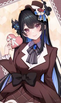 Rule 34 | 1girl, black hair, blue hair, blush, box, breasts, brown hat, brown jacket, brown skirt, cauli, cowboy shot, hat, heart-shaped box, highres, hololive, hololive english, jacket, large breasts, long hair, mole, mole under eye, multicolored hair, nerissa ravencroft, purple eyes, skirt, solo, two-tone hair, valentine, virtual youtuber