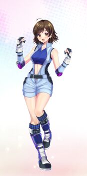 1girl :d absurdres ahoge artist_self-insert bare_shoulders belt blue_boots blue_jacket blue_shirt boots breasts brown_eyes brown_hair cosplay crop_top elbow_gloves elbow_pads fingerless_gloves full_body gloves highres jacket kazama_asuka kazama_asuka_(cosplay) knee_boots medium_breasts mole mole_under_eye naochiarts open_mouth original pink_background shirt short_hair sleeveless sleeveless_jacket smile solo standing standing_on_one_leg tekken two-tone_background white_background white_gloves