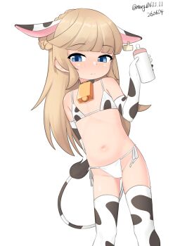 1girl absurdres aged_down animal_ears animal_print bell bikini blonde_hair blue_eyes blunt_bangs bottle braid braided_bun cow_ears cow_horns cow_print cow_print_bikini cow_print_gloves cow_print_thighhighs cow_tail cowbell dated double_bun ear_tag elbow_gloves fake_animal_ears fake_horns feet_out_of_frame flat_chest gloves hair_bun highres horns kantai_collection loli long_hair maru_(marg0613) milk_bottle one-hour_drawing_challenge print_bikini print_gloves print_thighhighs ranger_(kancolle) side-tie_bikini_bottom simple_background solo swimsuit tail thighhighs twitter_username white_background white_bikini white_gloves white_thighhighs