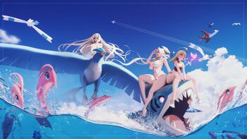 3girls ahoge articuno bikini blonde_hair blowing_bubbles breasts cleavage fingerless_gloves gen_1_pokemon gen_3_pokemon gen_4_pokemon gloves hair_between_eyes halterneck highleg highleg_bikini highres huge_breasts large_breasts latias latios laure_lacroix legendary_pokemon long_hair multiple_girls nintendo original outdoors pokemon rotom sharpedo small_breasts sunglasses swimsuit the_kite twintails water white_bikini wingull