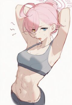 1girl abs annoyed armpits arms_behind_head blue_archive blue_eyes bra breasts commentary_request heterochromia highres hoshino_(blue_archive) kisaragi_shokuin medium_breasts midriff navel open_mouth orange_eyes pink_hair presenting_armpit short_hair smelly_armpits solo sports_bra sweat sweatdrop underwear upper_body white_background