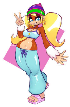 1girl baggy_pants bare_shoulders beanie blonde_hair blue_camisole blue_eyes blue_pants body_fur breasts brown_fur camisole cleavage crop_top donkey_kong_(series) drawstring earrings eyelashes eyeshadow fingernails full_body furry furry_female gold_earrings grin half-closed_eyes halterneck hand_up hat highres hoop_earrings jamoart jewelry large_breasts long_hair looking_at_viewer makeup monkey monkey_girl nail_polish navel nintendo pants pink_nails pink_slippers purple_eyeshadow slippers smile solo standing tiny_kong toenail_polish toenails twintails v