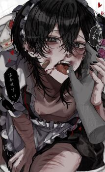 1boy @_@ aegyo_sal alternate_costume apron bags_under_eyes bandaid bandaid_on_face between_legs black_dress black_eyes black_hair black_nails blood blood_splatter bruise bruise_on_face commentary_request crossed_bangs disembodied_hand double-parted_bangs dress enmaided hair_between_eyes hand_between_legs highres holding_hands hosikage4040 injury looking_at_viewer maid maid_headdress male_focus nipple_piercing nosebleed open_mouth original pectoral_cleavage pectorals piercing scar scar_on_arm self-harm short_hair sidelocks solo thigh_cutting tongue tongue_out tongue_piercing translation_request viewer_self-insert white_apron wrist_cutting
