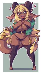 Rule 34 | 1girl, absurdres, animal ears, belt, bikini, black thighhighs, blonde hair, breasts, bright pupils, commission, curvy, daigada, dark-skinned female, dark skin, dragon girl, dragon horns, dragon tail, earrings, fangs, forked tongue, green eyes, heart, highres, hood, hoodie, horn ornament, horn ring, horns, jewelry, large breasts, long hair, micro bikini, mole, mole under eye, naughty face, navel, no nose, open clothes, open hoodie, open mouth, original, pyrite (ironbunz), scales, short eyebrows, shortstack, smile, solo, string pull, swimsuit, tail, thick thighs, thighhighs, thighs, toeless legwear, tongue, tongue out, underbust, v, very long hair, wide hips
