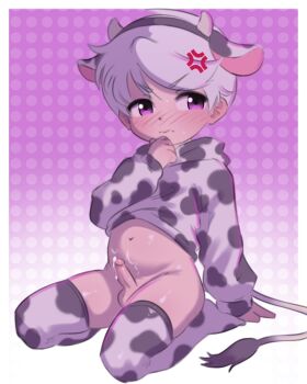 1boy anger_vein animal_ears animal_print beege blush bottomless cow_ears cow_horns cow_print cow_tail cum horns kneeling shota tail white_hair