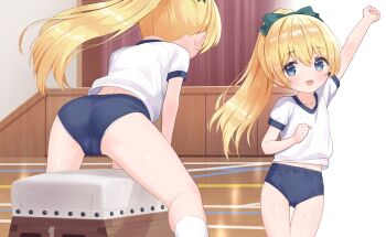 1girl arm_up ass blonde_hair blue_buruma blue_eyes buruma commentary_request gym_uniform loli long_hair makigai original paid_reward_available ponytail shirt socks thighs vaulting_horse white_shirt yuria_(makigai)