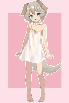 1girl absurdres animal_ears barefoot belt_collar blue_eyes character_request chenki_(chenki) collar commentary dog_ears dog_girl dog_tail dress english_commentary flat_chest full_body highres looking_at_viewer open_mouth solo strap_slip sundress tail teeth toes upper_teeth_only variant_set white_collar white_dress