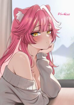 1girl animal_ears armpit_crease artist_name bare_shoulders blush breasts cleavage closed_mouth commentary eyelashes fang fang_out fingernails grey_sweater hair_intakes hashtag-only_commentary highres hololive hololive_english large_breasts long_hair long_sleeves looking_at_viewer mountainous_horizon multicolored_hair nail_polish panther_ears panther_girl pink_hair pink_nails raora_panthera smile solo streaked_hair sweater two-tone_hair virtual_youtuber vorkiss window yellow_eyes