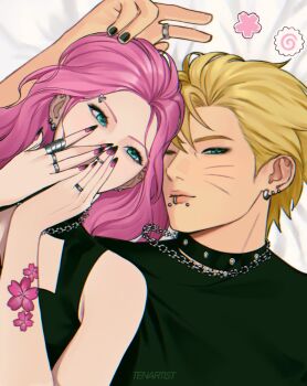 1boy 1girl alternate_costume alternate_hairstyle arm_tattoo artist_name belt_collar black_collar black_nails black_shirt blonde_hair blue_eyes chain chain_necklace cherry_blossoms chromatic_aberration claw_ring cleavage_cutout clothing_cutout collar commentary covered_mouth covering_own_mouth ear_piercing english_commentary eyebrow_piercing eyelashes eyeshadow face_piercing facial_mark fingernails flower_sticker flower_tattoo food bad_tag gothic_punk gradient_nails hair_slicked_back half-closed_eyes hand_on_another's_head hand_over_own_mouth haruno_sakura heads_together highres jewelry kamaboko lip_piercing long_fingernails long_hair looking_at_viewer lying makeup mouth_piercing multicolored_nails multiple_rings naruto_(series) naruto_shippuuden narutomaki necklace on_back on_bed one_eye_closed piercing pink_hair ring selfie shirt sleeveless sleeveless_shirt smokey_eyeshadow tattoo tenartistt turtleneck turtleneck_shirt two-tone_nails upper_body uzumaki_naruto v watermark wavy_hair whisker_markings
