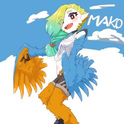 Rule 34 | 1girl, absurdres, animal ears, bird ears, bird legs, black shorts, blue feathers, blush, braid, breasts, bright pupils, character name, cleavage, feathers, green hair, harpy, highres, long hair, mako (eogks), midriff, mono (ru), monster girl, open mouth, orange feathers, orange wings, original, red eyes, sharp teeth, shorts, small breasts, solo, tank top, teeth, two-tone wings, v, white pupils, white tank top, winged arms, wings
