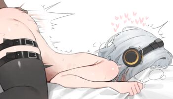 1boy 1girl anby_demara arched_back bed_sheet belt black_thighhighs commentary face_in_pillow grey_hair headphones heart hetero lying motion_lines nude on_stomach pillow prone_bone sex sex_from_behind sheet_grab short_hair solo_focus symbol-only_commentary thigh_belt thigh_strap thighhighs yzr_(yzr99) zenless_zone_zero