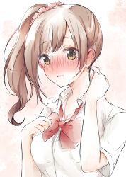 Rule 34 | 1girl, baran. (ba ra ran), blush, bow, bowtie, breasts, brown background, brown hair, cleavage, collared shirt, dress shirt, ear blush, flustered, hair ornament, hair scrunchie, hand on own neck, hand up, highres, idolmaster, idolmaster cinderella girls, igarashi kyoko, looking at viewer, medium breasts, nose blush, open mouth, pink scrunchie, red bow, red bowtie, school uniform, scrunchie, shirt, short sleeves, side ponytail, swept bangs, two-tone background, watercolor background, wavy mouth, white background, white shirt, yellow eyes