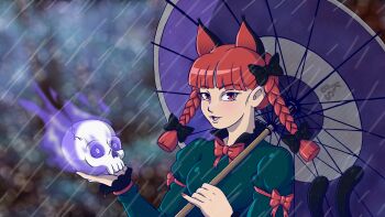 1girl animal_ears black_bow blunt_bangs bow braid breasts cat_ears cat_tail commentary english_commentary extra_ears fangs hair_bow highres holding holding_skull holding_umbrella juliet_sleeves kaenbyou_rin kaporal_blacksheep long_hair long_sleeves looking_at_viewer multiple_tails oil-paper_umbrella open_mouth outdoors pointy_ears puffy_sleeves purple_umbrella rain red_eyes red_hair side_braids signature skull solo tail touhou twin_braids two_tails umbrella upper_body
