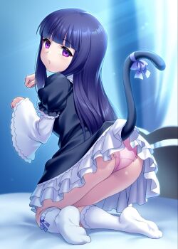 1girl ass black_dress blue_hair blunt_bangs blunt_ends blurry blurry_background bow bow_legwear cat_tail clothes_lift commentary commission dress dress_lift empty_eyes english_commentary feet frederica_bernkastel frilled_dress frilled_panties frills from_behind full_body hair_over_shoulder hands_up highres hime_cut indoors juliet_sleeves kneehighs kneeling long_hair long_sleeves looking_at_viewer looking_back no_shoes on_bed panties parted_lips paw_pose pink_panties puffy_sleeves purple_eyes second-party_source sidelocks skeb_commission socks soles solo straight_hair tail tail_bow tail_ornament tail_raised toes umineko_no_naku_koro_ni underwear white_bow white_sleeves white_socks wide_sleeves window zen_(kamuro)