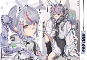 Rule 34 | .akuma, 1girl, animal ear hairband, animal ears, artist name, bandaid, bandaid on face, bandaid on nose, black shirt, black socks, closed mouth, commentary, cropped jacket, ear piercing, earrings, fake animal ears, hair ornament, hairband, hairclip, hashtag-only commentary, highres, jacket, jewelry, looking at viewer, multicolored hair, multiple views, open clothes, open jacket, piercing, pink eyes, purple hair, rabbit ears, shirt, shorts, socks, solo, streaked hair, tosaki mimi, twintails, twitter username, virtual youtuber, vspo!, white jacket, white shorts