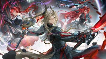 Rule 34 | 1boy, 2girls, aqua hair, arknights, arknights: endfield, brown hair, closed mouth, copyright logo, dual wielding, ember (arknights), floating hair, gloves, head wings, hellagur (arknights), highres, holding, holding sword, holding weapon, laevatain (arknights), logo, long hair, multicolored hair, multiple girls, official art, pogranichnik (arknights), purple eyes, red hair, redsakaone, second-party source, streaked hair, surtr (arknights), sword, tail, very long hair, weapon, wings, yellow eyes