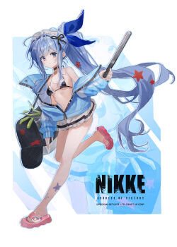 1girl absurdres anchor_(innocent_maid)_(nikke) anchor_(nikke) anchor_symbol bag bandaid bandaid_on_foot bikini black_bikini black_collar black_ribbon blue_bow blue_eyes blue_hair blue_jacket blue_nails bow character_name collar copyright_logo duffel_bag frilled_bikini frills goddess_of_victory:_nikke hair_bow hair_intakes hair_ornament hair_ribbon highres holding holding_tongs iomywaifu jacket jacket_partially_removed light_smile logo long_hair long_sidelocks looking_at_viewer maid maid_bikini maid_headdress nail_polish pink_sandals ponytail ribbon sandals sidelocks solo standing standing_on_one_leg starfish starfish_hair_ornament swimsuit toenail_polish toenails tongs unconventional_maid very_long_hair white_background zoom_layer