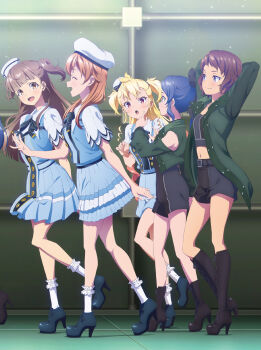 Rule 34 | 5girls, absurdres, anime coloring, arms behind head, belt, black belt, black boots, black skirt, blonde hair, blue dress, blue shoes, boots, brown eyes, brown hair, closed eyes, closed mouth, curly hair, dress, gradient hair, green jacket, hat, high heel boots, high heels, high ponytail, highres, hiumi nanoka, idol clothes, jacket, kneehighs, long hair, midriff, multicolored hair, multiple girls, nabatame haru, naekawa yawara, nagata yoshihiro, navel, official art, open clothes, open jacket, open mouth, orange eyes, orange hair, ponytail, profile, purple eyes, purple hair, seibu rio, shine post, shoes, short hair, skirt, socks, tamaki kyouka, two side up, white hat, white socks