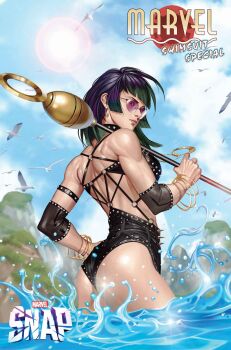 1girl absurdres ass back bird black_hair black_one-piece_swimsuit blue_sky blunt_bangs blunt_sidelocks blurry blurry_background bracelet breasts casual_one-piece_swimsuit comic_cover copyright_logo copyright_name cover cover_page cowboy_shot day earrings english_text from_behind gold_bracelet gold_earrings green_hair hand_on_own_hip highres holding holding_staff hoop_earrings in-hyuk_lee jewelry logo looking_at_viewer looking_back marvel marvel_snap medium_breasts multicolored_hair necklace nico_minoru official_art one-piece_swimsuit outdoors pink-tinted_eyewear purple_hair runaways_(marvel) seagull sidelocks sky sparkle staff studded studded_armlet sunglasses swimsuit tinted_eyewear toned toned_female wading water