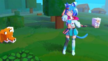 1girl :< alternate_costume animal_ears antinoya asymmetrical_legwear black_gloves black_socks blue_bra blue_skirt blue_socks bra cat_ears cat_girl cat_tail circled_9 cirno closed_mouth crossover day fingerless_gloves fox fox_(minecraft) full_body gloves grass highres house jacket looking_afar midriff minecraft mismatched_legwear navel open_clothes open_jacket outdoors shading_eyes sheep sheep_(minecraft) short_hair skirt socks solo standing tail touhou tree underwear white_jacket