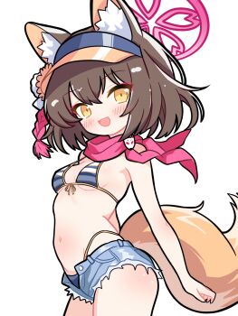 1girl :d animal_ear_fluff animal_ears bikini bikini_bottom_under_shorts bikini_under_clothes blue_archive blue_bikini blue_shorts blush breasts brown_hair commentary cowboy_shot cutoffs denim denim_shorts fang fox_ears fox_girl fox_tail from_side front-tie_bikini_top front-tie_top halo highleg highleg_bikini highres izuna_(blue_archive) izuna_(swimsuit)_(blue_archive) looking_at_viewer navel official_alternate_costume open_clothes open_mouth open_shorts pink_halo pink_scarf scarf scarfy_(scarfy_chang) short_hair short_shorts shorts simple_background small_breasts smile solo striped_bikini striped_clothes swimsuit tail visor_cap white_background yellow_eyes