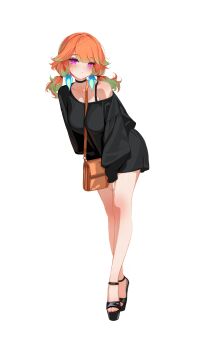 1girl absurdres alternate_costume bag between_breasts black_choker black_shirt breasts choker earrings feather_earrings feathers feet green_hair highres hololive hololive_english jewelry large_breasts long_hair looking_at_viewer multicolored_hair off_shoulder orange_hair purple_eyes sansha_art shirt shoulder_bag simple_background solo strap_between_breasts takanashi_kiara toes twintails two-tone_hair virtual_youtuber white_background