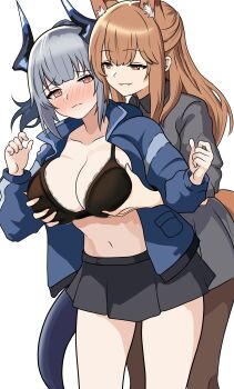2girls absurdres animal_ears arknights black_bra black_pantyhose blue_jacket blush bra braid breasts brown_eyes brown_hair cleavage closed_mouth commentary dragon_horns dragon_tail english_commentary fox_ears fox_girl fox_tail franka_(arknights) grabbing_another&#039;s_breast grabbing_from_behind grey_hair grey_shirt grey_skirt groping half_up_braid highres horns jacket large_breasts liskarm_(arknights) multiple_girls open_clothes open_jacket pantyhose parted_lips pink_eyes pleated_skirt shirt simple_background skirt smile tail underwear white_background witchrosemary yuri