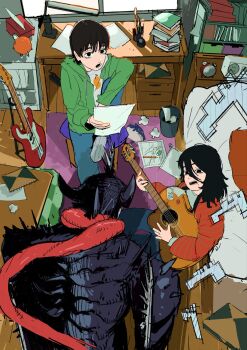 1boy 2girls black_eyes black_hair book chainsaw chainsaw_devil chainsaw_man coat electric_guitar fujino_(look_back) grey_jacket guitar haori highres holding holding_guitar holding_instrument indoors instrument intestine_clothing intestines jacket japanese_clothes kyomoto_(look_back) long_sleeves look_back mole mole_under_mouth multiple_girls nineinsweet open_mouth pile_of_books red_haori striped_coat vertical-striped_coat