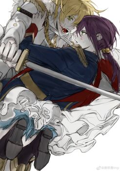 Rule 34 | 2girls, absurdres, aiguillette, bad source, blonde hair, blood, blood on face, epaulettes, green eyes, highres, holding, holding sword, holding weapon, long hair, looking at another, multiple girls, original, ponytail, pulppunk001, purple hair, saber (weapon), sword, weapon, yuri