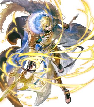 Rule 34 | 1boy, attack, black gloves, blonde hair, blue cape, bodysuit, cape, capelet, dimitri alexandre blaiddyd, dimitri alexandre blaiddyd (king of faerghus), dimitri alexandre blaiddyd (king of faerghus) (resplendent), dimitri alexandre blaiddyd (timeskip), eyepatch, fingerless gloves, fire emblem, fire emblem: three houses, fire emblem heroes, gladiator sandals, gloves, gold trim, highres, holding, holding polearm, holding weapon, nintendo, non-web source, official alternate costume, official art, open mouth, polearm, robe, sandals, solo, two-sided cape, two-sided fabric, v-shaped eyebrows, weapon, white capelet, white robe