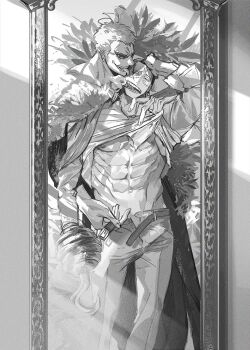 2boys abs arm_up belt belt_buckle buckle cape cigar clothes_lift commentary_request crocodile_(one_piece) donquixote_doflamingo earrings fingernails fur-trimmed_cape fur_trim greyscale groin hair_slicked_back highres hook hook_hand jewelry licking licking_another&#039;s_face lifting_another&#039;s_clothes male_focus mirror monochrome multiple_boys navel nipples nitoera_ne one_piece open_belt open_pants pants parted_lips piercing scar scar_on_face shirt_lift short_hair smoking standing sunglasses teeth tongue tongue_out yaoi
