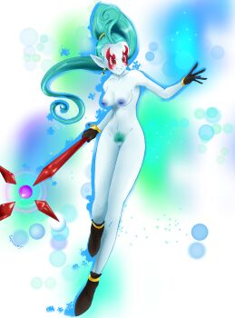 Rule 34 | 1girl, absurdres, blue hair, blue nipples, blue pubic hair, blue skin, blush, breasts, colored nipples, colored pubic hair, colored skin, completely nude, demon girl, dragon ball, dragon ball heroes, earrings, flatpancakesjim, gloves, grin, hairy, highres, jewelry, long hair, markings, medium breasts, naked footwear, nipples, nude, pointy ears, ponytail, potara earrings, pubic hair, putine (dragon ball), red eyes, simple background, smile, staff