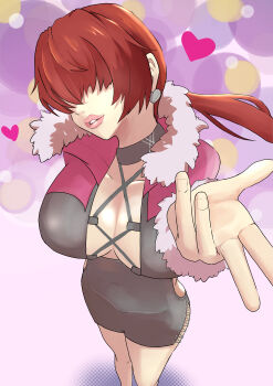 1girl breasts cleavage cleavage_cutout clothing_cutout cross-laced_clothes dress female_focus fluffy heart huge_breasts jacket jzdayo large_breasts long_sleeves pale_skin ponytail pov red_hair shermie_(kof) skirt standing the_king_of_fighters thick_lips thick_thighs thighs wide_hips