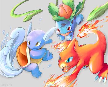 Rule 34 | apus 92, blue eyes, brown eyes, charmeleon, claws, closed mouth, commentary request, fangs, fire, gen 1 pokemon, grey background, highres, ivysaur, motion blur, nintendo, no humans, open mouth, pokemon, pokemon (creature), pokemon focus, red eyes, simple background, smile, starter pokemon trio, tongue, tongue out, wartortle, water, water drop