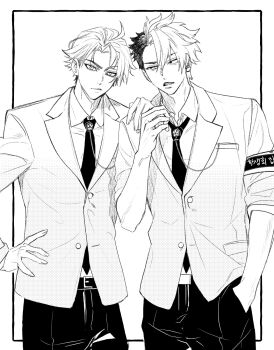 Rule 34 | 2boys, armband, blazer, breast pocket, buttons, collared shirt, commentary request, dao8 33, delinquent, greyscale, hand in pocket, hand on another's shoulder, hand on own hip, highres, jacket, korean commentary, korean text, male focus, monochrome, multicolored hair, multiple boys, necktie, outside border, phantom busters, pocket, school uniform, shirt, simple background, sleeves pushed up, sunao usami, translation request, two-tone hair, white background, yoshiki nika
