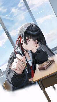 1girl absurdres arm_cutout black_choker black_jacket black_shirt chisa_(wuthering_waves) choker closed_mouth clothing_cutout commentary day desk dutch_angle food fuann hair_ribbon head_rest highres holding holding_food holding_pocky incoming_food indoors jacket long_hair long_sleeves looking_at_viewer looking_to_the_side midriff_peek navel neckerchief pocky red_eyes red_neckerchief red_ribbon ribbon sailor_collar school_desk shirt smile solo symbol-only_commentary tacet_mark_(wuthering_waves) white_sailor_collar window wuthering_waves