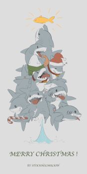 1boy candy candy_cane christmas christmas_tree collarbone commentary english_commentary english_text fangs fins fish fish_tail food gills green_scarf grey_scales hat highres jeff_(marvel) looking_at_viewer looking_up male_focus marvel merry_christmas multiple_pov name_tag open_mouth pov santa_hat scarf shark shark_fin shark_tail sleeping smile stockholmalion tail tongue tongue_out zzz