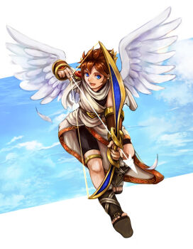 1boy aiming angel angel_wings arrow_(projectile) asaryo_2-gou bad_id bad_pixiv_id bike_shorts blue_eyes bow_(weapon) brown_hair feathers full_body holding holding_bow_(weapon) holding_weapon kid_icarus kid_icarus_uprising laurel_crown male_focus nintendo palutena_bow_(kid_icarus) pit_(kid_icarus) weapon wings